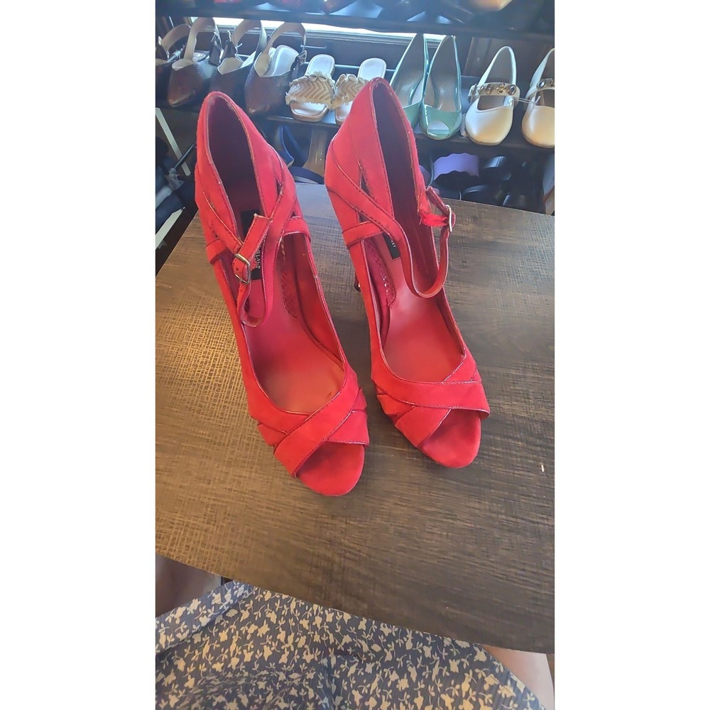 White House Black Market Red Suede Peep Toe Ankle Strap Stiletto Heels Size 9M